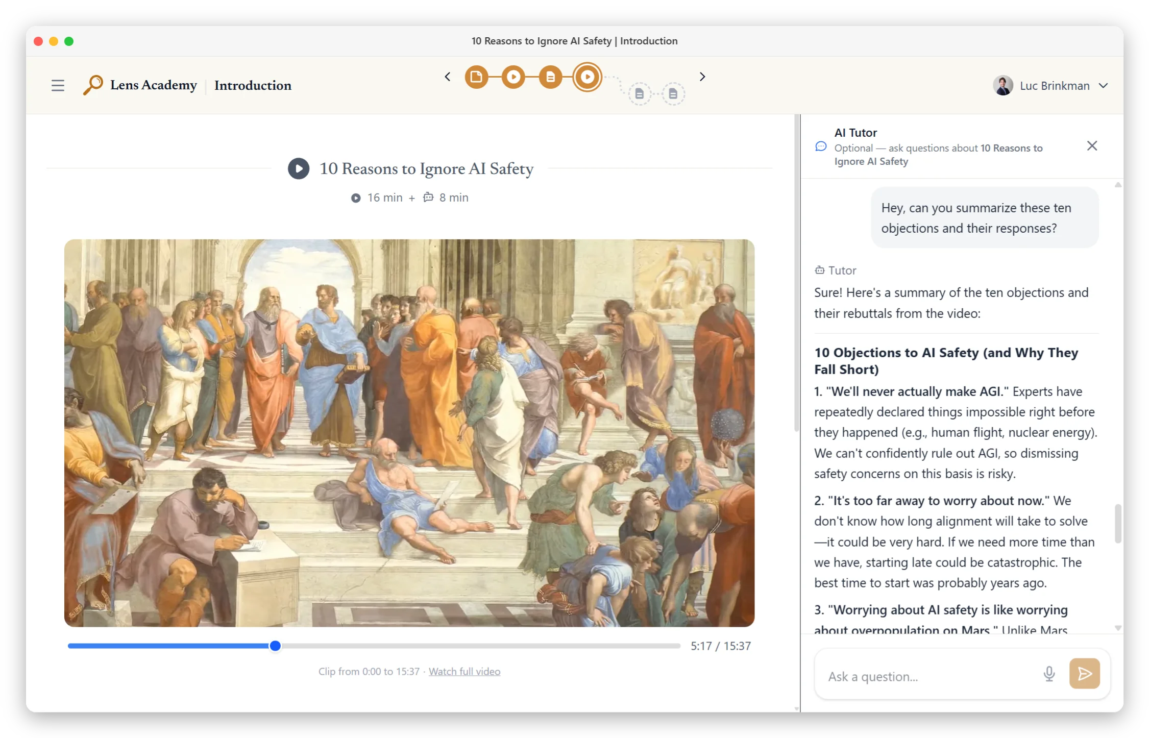 Lens Academy course interface with AI tutor